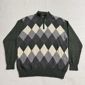 etniko Sweater Mens XL Green Baby Alpaca Pullover‎ 1/4 Zip Argyle Geometric Peru